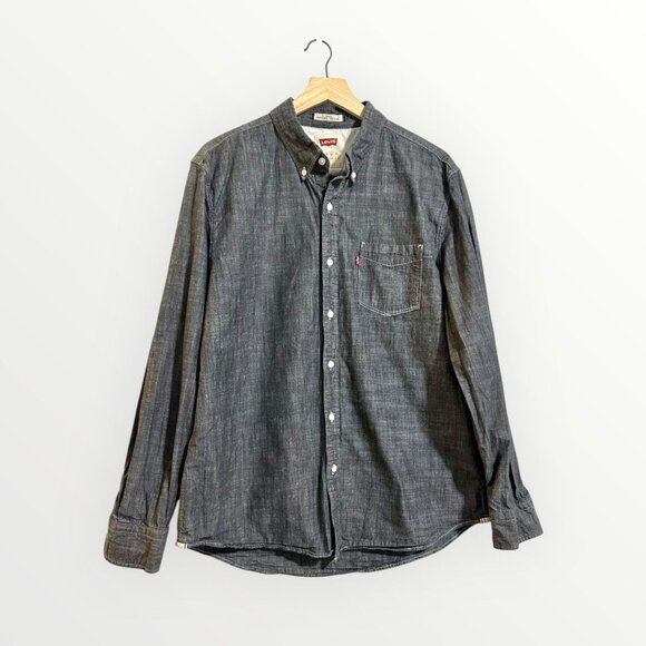Levi’s Men’s Button Down Shirt XL Black Gray Chambray Long Sleeve Slim Fit Cotto - Picture 1 of 16